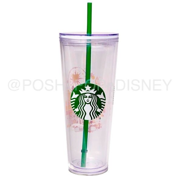CLEAR Disneyland Starbucks Tumbler with Green Straw Mickey Mouse & Attractions - Picture 2 of 2